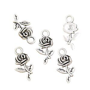 Antiqued Silver Plated Rose Flower Charms with Stems and Leaves 10 pcs